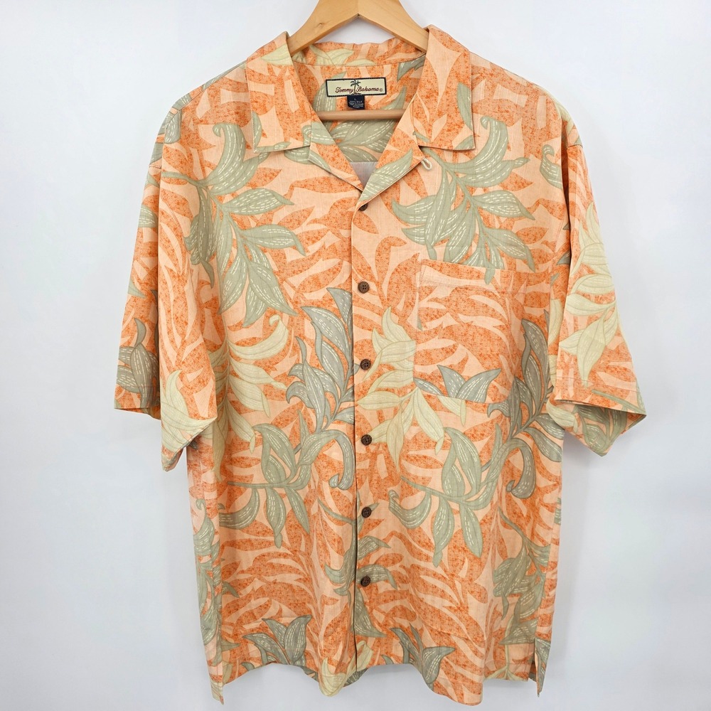 Tommy Bahama Silk Camp Shirt Mens Large Orange Tropical Leaf Print Short Sleeve - Picture 2 of 6